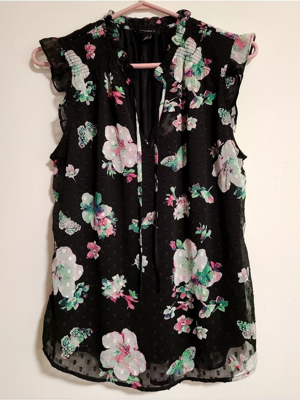 Tamara H Swiss Dot Floral Butterfly Blouse Smocked Ruffle Tie Neck Black Small